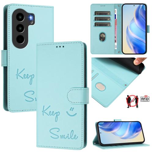 

For itel Power 70 Smile Embossing RFID Leather Phone Case(Mint Green)