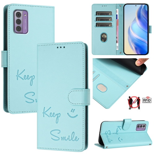 

For Nokia G42 / G310 Smile Embossing RFID Leather Phone Case(Mint Green)