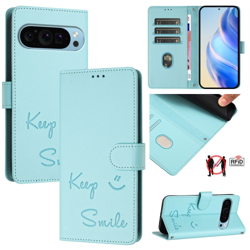 

For Google Pixel 9 Pro XL Smile Embossing RFID Leather Phone Case(Mint Green)