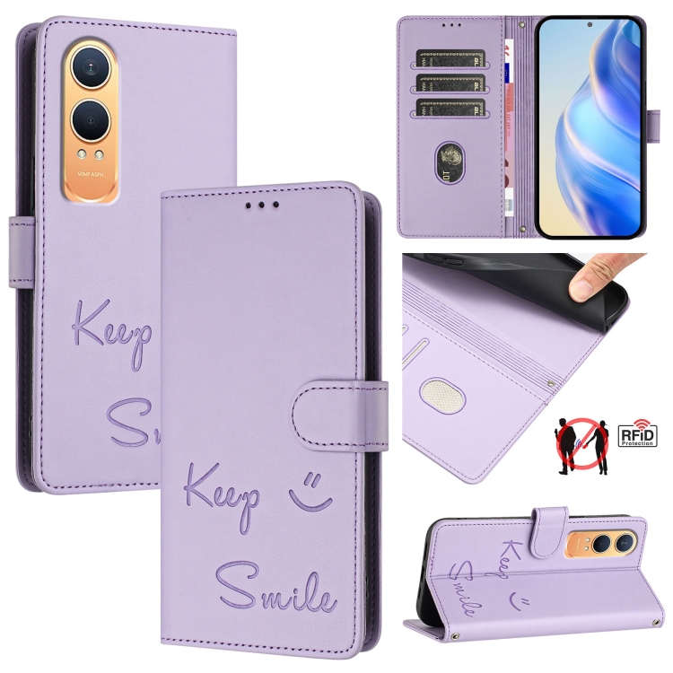 

For OnePlus Nord CE4 Lite Smile Embossing RFID Leather Phone Case(Light Purple)