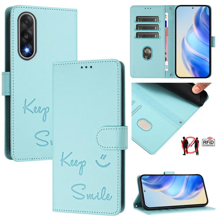 

For OnePlus Ace 5 Ultra Smile Embossing RFID Leather Phone Case(Mint Green)