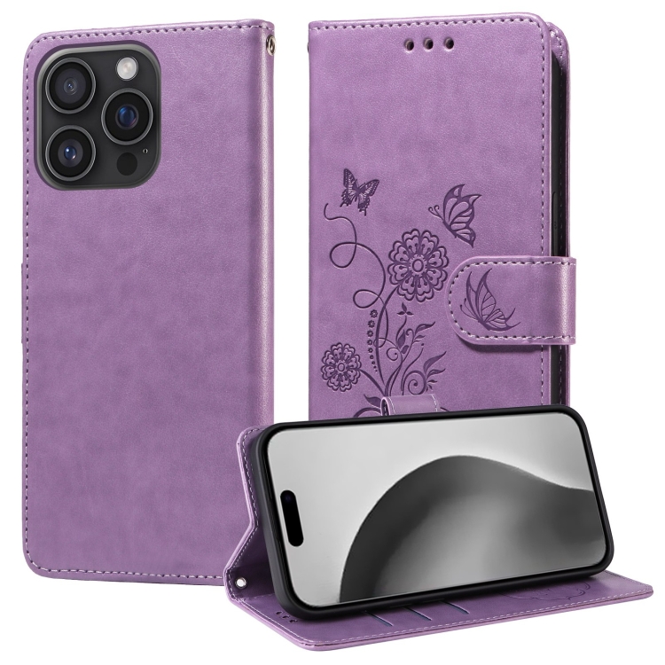 

For iPhone 16 Pro Embossed Butterfly Flowers Leather Phone Case(Purple)