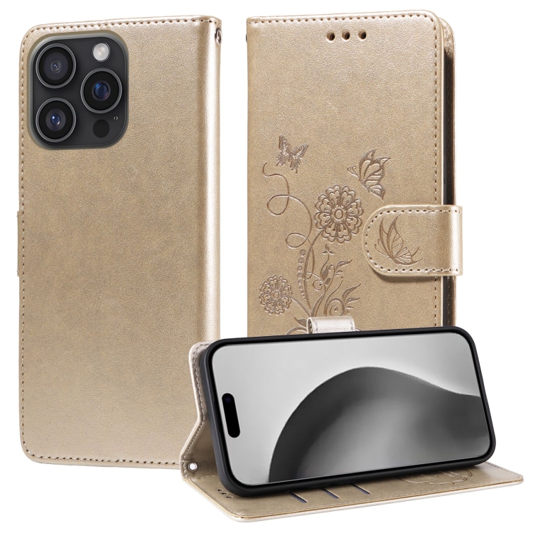 

For iPhone 16 Pro Embossed Butterfly Flowers Leather Phone Case(Gold)
