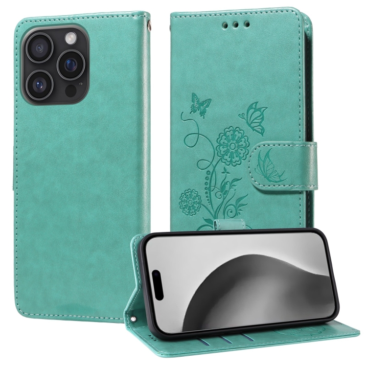 

For iPhone 16 Pro Embossed Butterfly Flowers Leather Phone Case(Green)