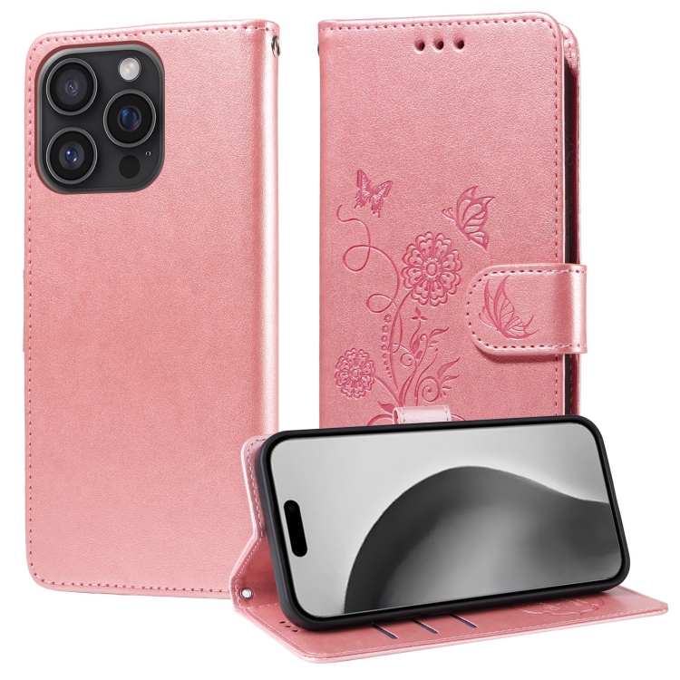 

For iPhone 16 Pro Embossed Butterfly Flowers Leather Phone Case(Rose Gold)