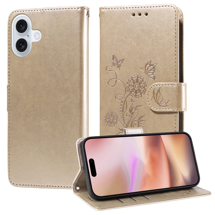 

For iPhone 16 Plus Embossed Butterfly Flowers Leather Phone Case(Gold)