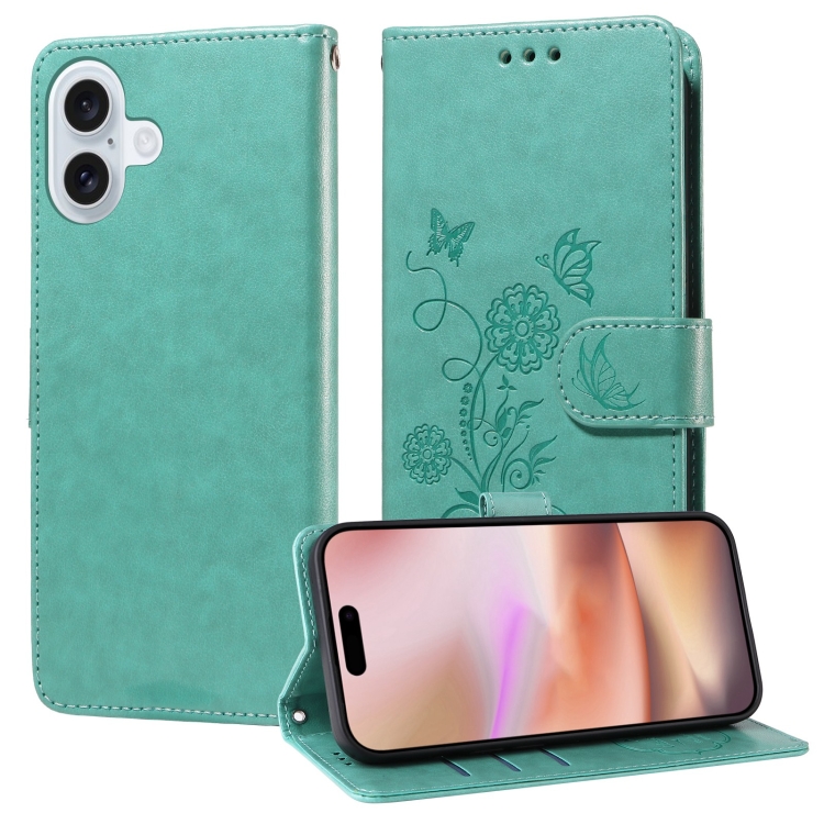 

For iPhone 16 Plus Embossed Butterfly Flowers Leather Phone Case(Green)