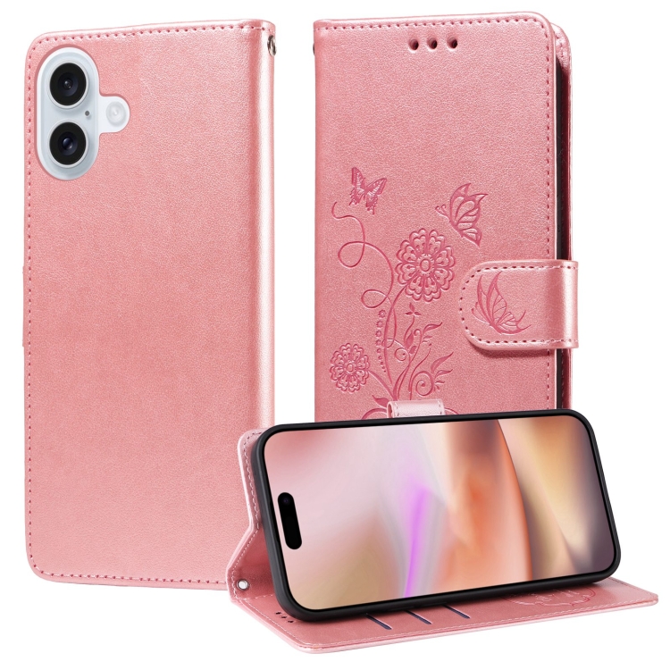 

For iPhone 16 Plus Embossed Butterfly Flowers Leather Phone Case(Rose Gold)