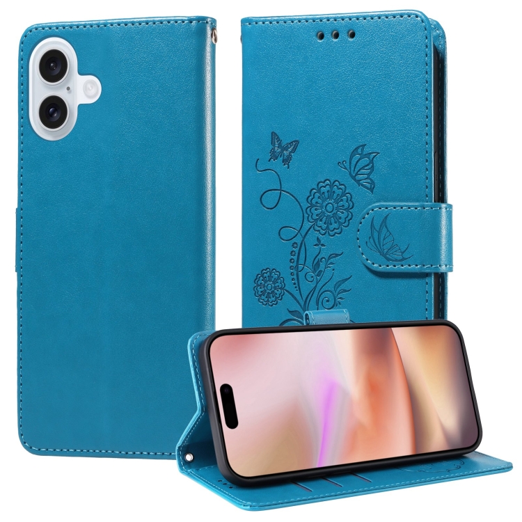 

For iPhone 16 Embossed Butterfly Flowers Leather Phone Case(Blue)