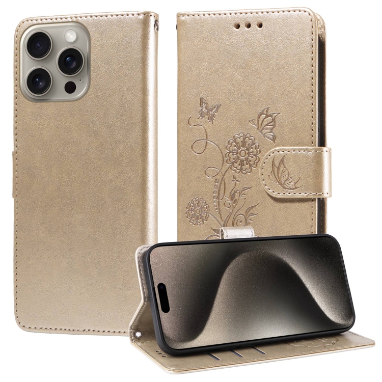 

For iPhone 15 Pro Max Embossed Butterfly Flowers Leather Phone Case(Gold)