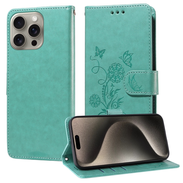 

For iPhone 15 Pro Max Embossed Butterfly Flowers Leather Phone Case(Green)