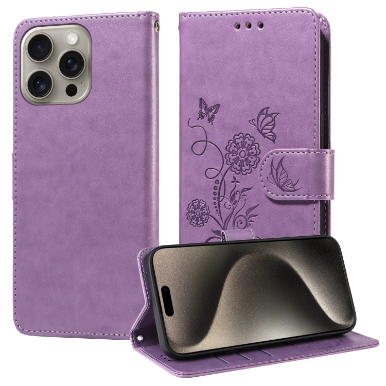 

For iPhone 15 Pro Embossed Butterfly Flowers Leather Phone Case(Purple)