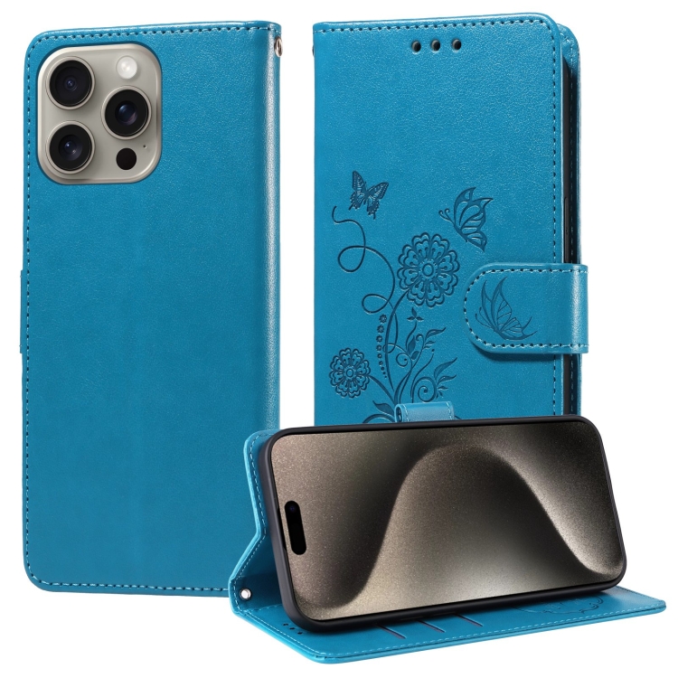 

For iPhone 15 Pro Embossed Butterfly Flowers Leather Phone Case(Blue)