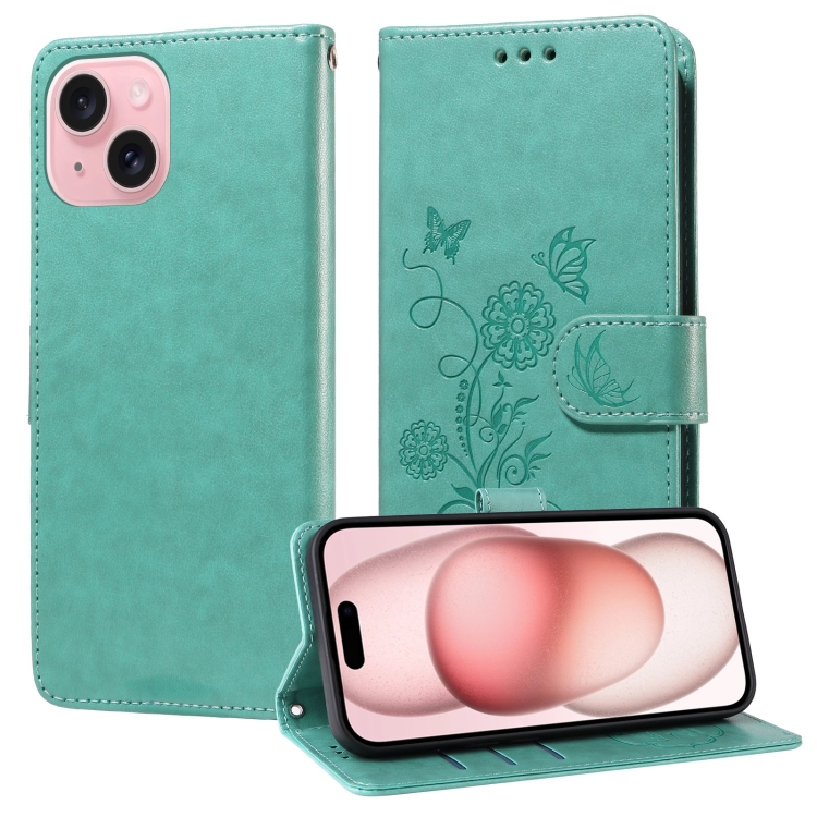 

For iPhone 15 Plus Embossed Butterfly Flowers Leather Phone Case(Green)