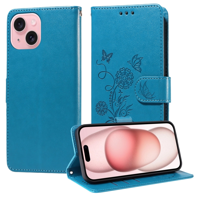 

For iPhone 15 Plus Embossed Butterfly Flowers Leather Phone Case(Blue)