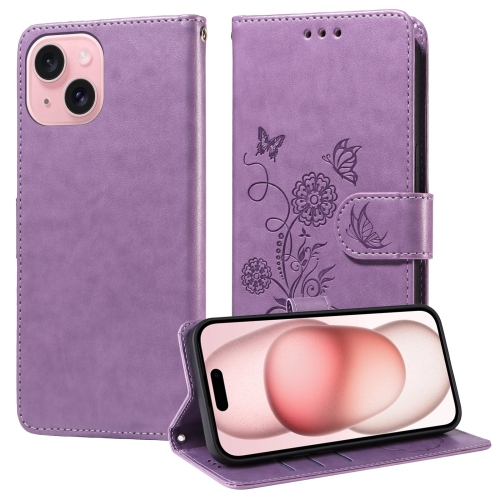 

For iPhone 15 Embossed Butterfly Flowers Leather Phone Case(Purple)