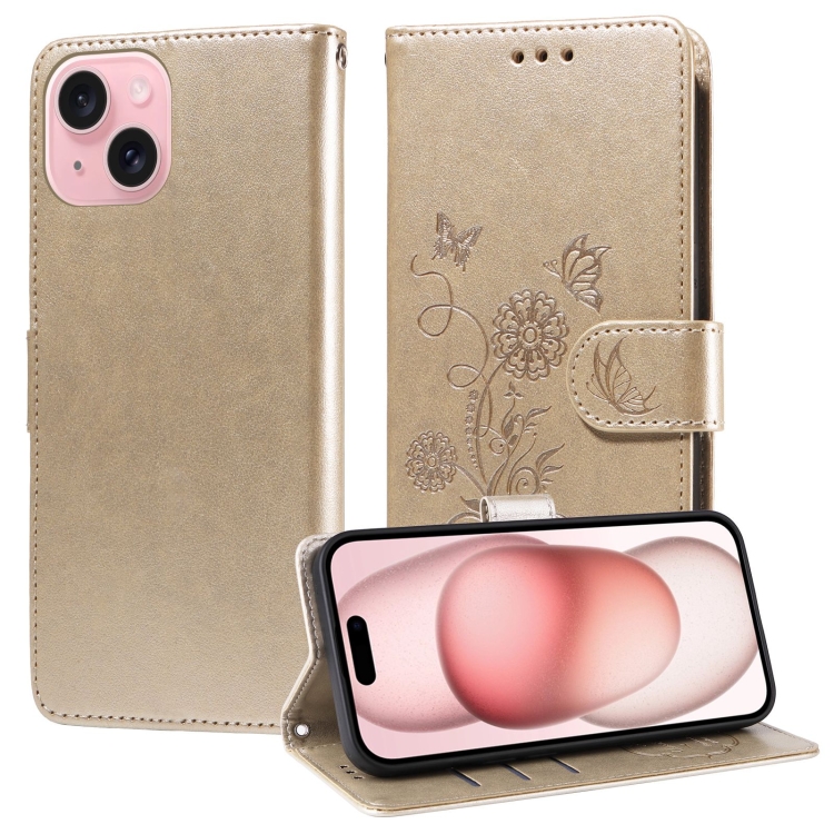 

For iPhone 15 Embossed Butterfly Flowers Leather Phone Case(Gold)
