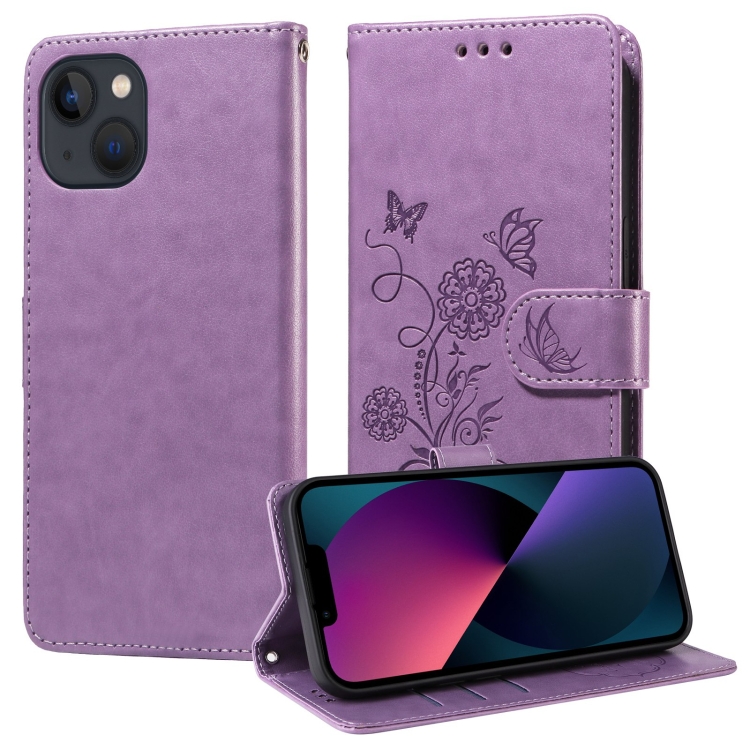 

For iPhone 14 Plus Embossed Butterfly Flowers Leather Phone Case(Purple)