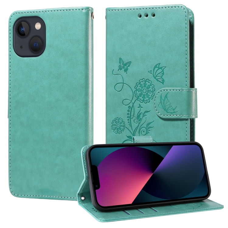 

For iPhone 14 Plus Embossed Butterfly Flowers Leather Phone Case(Green)
