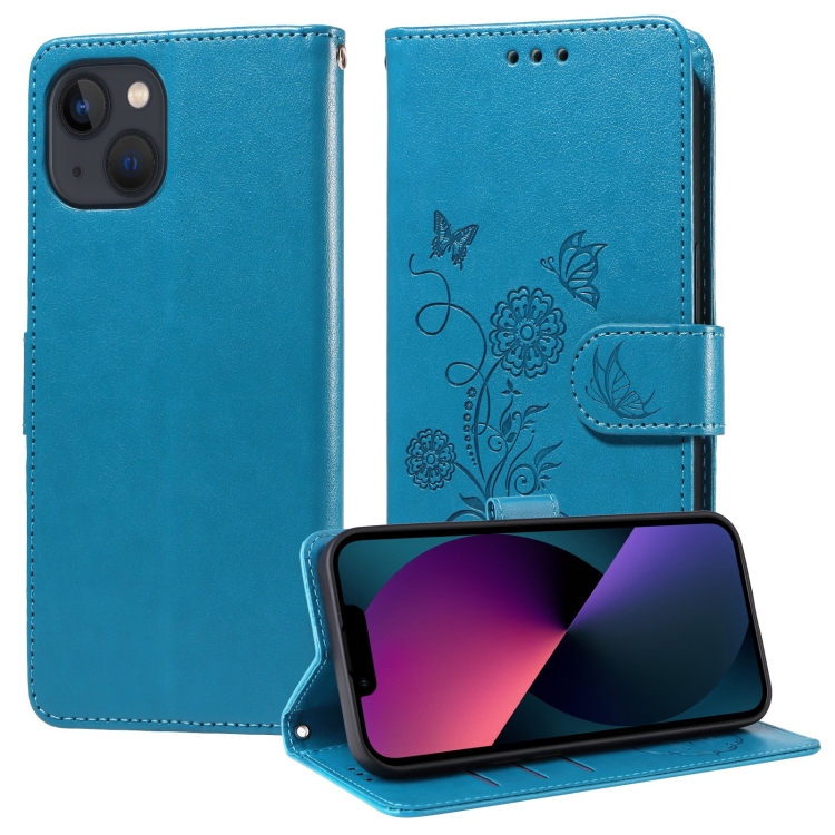 

For iPhone 14 / 13 Embossed Butterfly Flowers Leather Phone Case(Blue)
