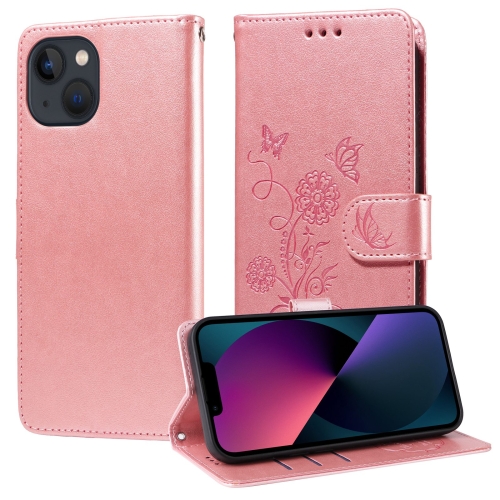 

For iPhone 14 / 13 Embossed Butterfly Flowers Leather Phone Case(Rose Gold)