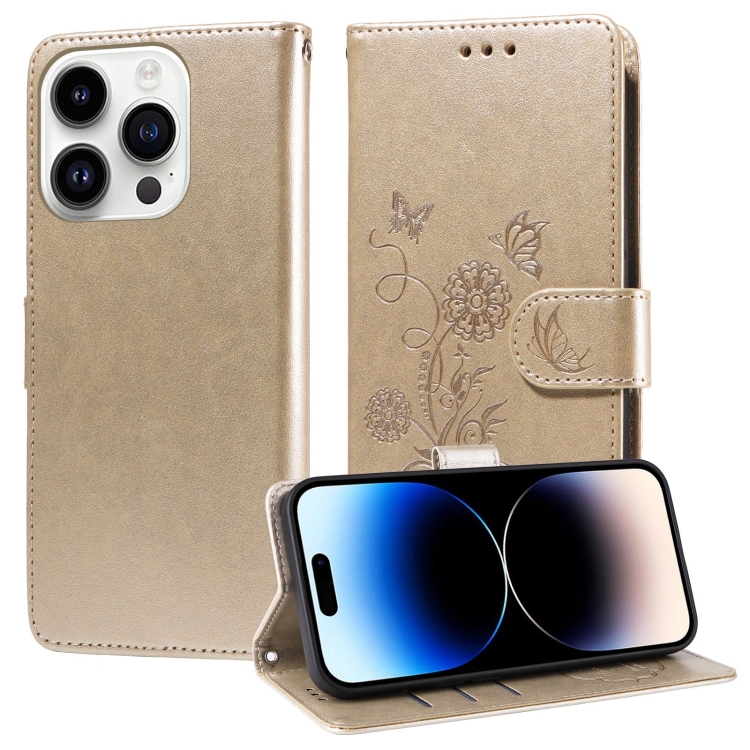 

For iPhone 14 Pro Embossed Butterfly Flowers Leather Phone Case(Gold)