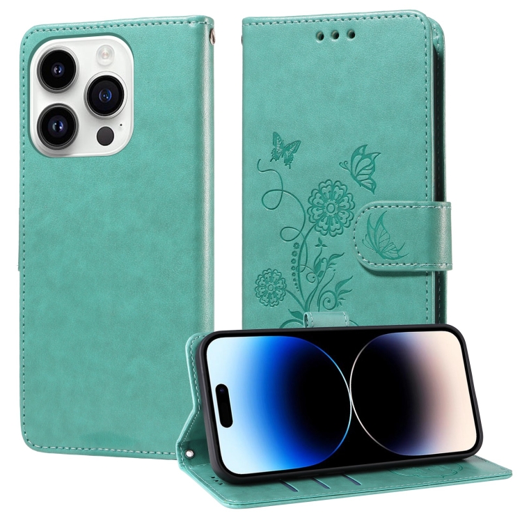 

For iPhone 14 Pro Embossed Butterfly Flowers Leather Phone Case(Green)