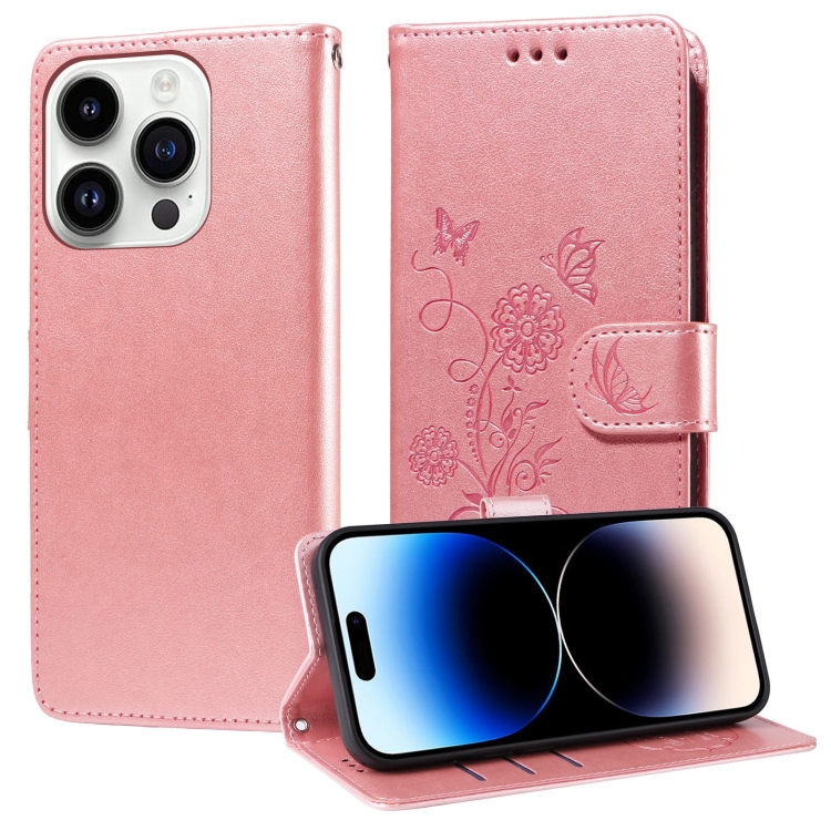 

For iPhone 14 Pro Embossed Butterfly Flowers Leather Phone Case(Rose Gold)