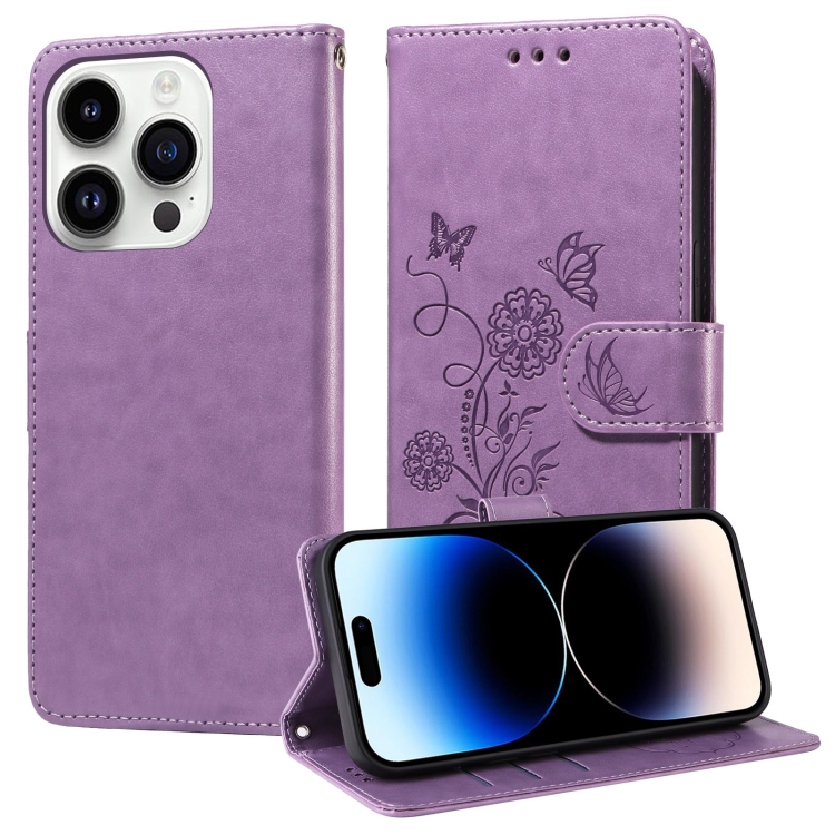 

For iPhone 14 Pro Max Embossed Butterfly Flowers Leather Phone Case(Purple)