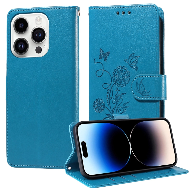 

For iPhone 14 Pro Max Embossed Butterfly Flowers Leather Phone Case(Blue)