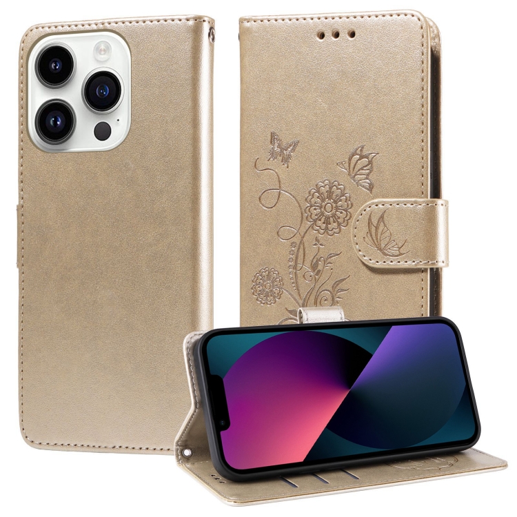 

For iPhone 13 Pro Max Embossed Butterfly Flowers Leather Phone Case(Gold)