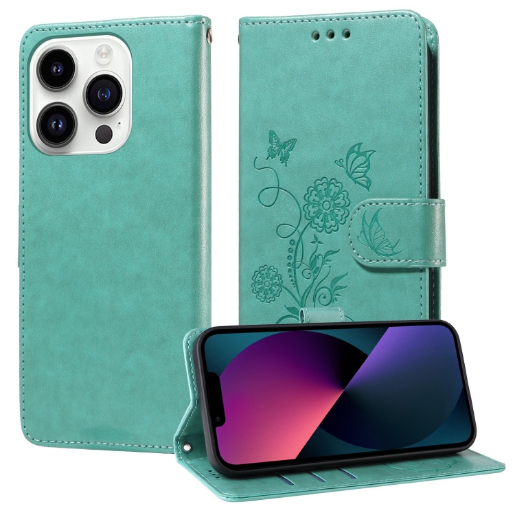

For iPhone 13 Pro Max Embossed Butterfly Flowers Leather Phone Case(Green)