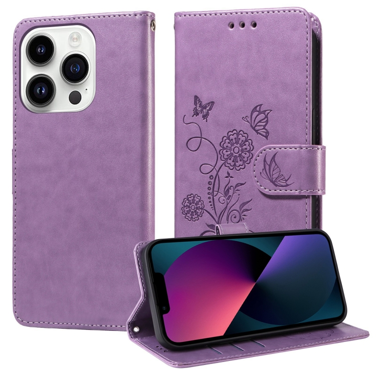 

For iPhone 13 Pro Embossed Butterfly Flowers Leather Phone Case(Purple)