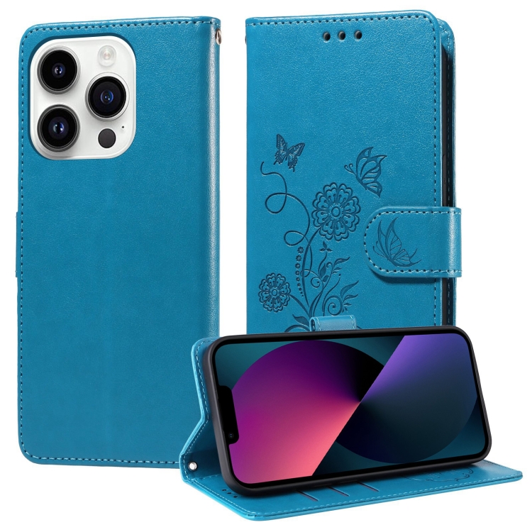 

For iPhone 13 Pro Embossed Butterfly Flowers Leather Phone Case(Blue)