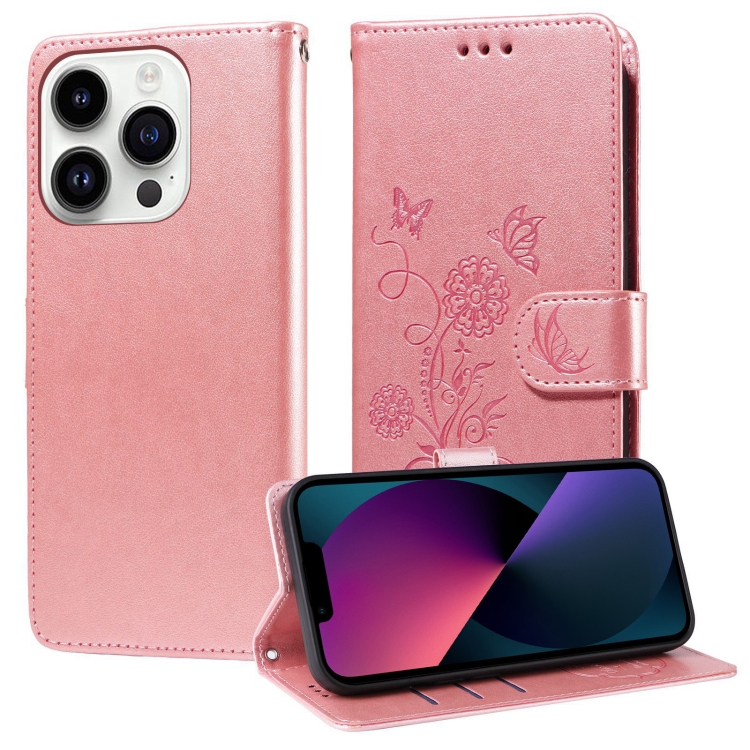 

For iPhone 13 Pro Embossed Butterfly Flowers Leather Phone Case(Rose Gold)