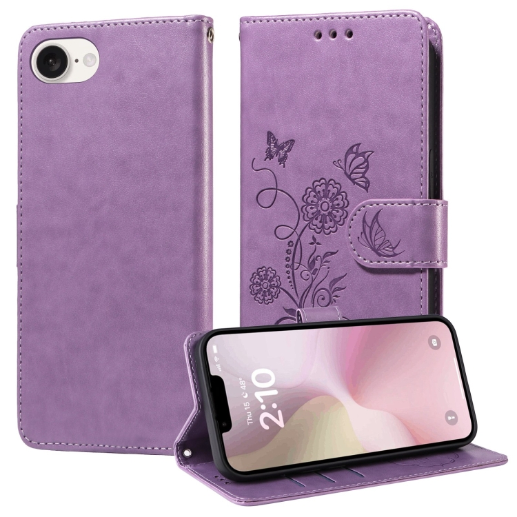 

For iPhone SE 2024 Embossed Butterfly Flowers Leather Phone Case(Purple)