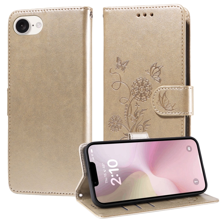 

For iPhone SE 2024 Embossed Butterfly Flowers Leather Phone Case(Gold)