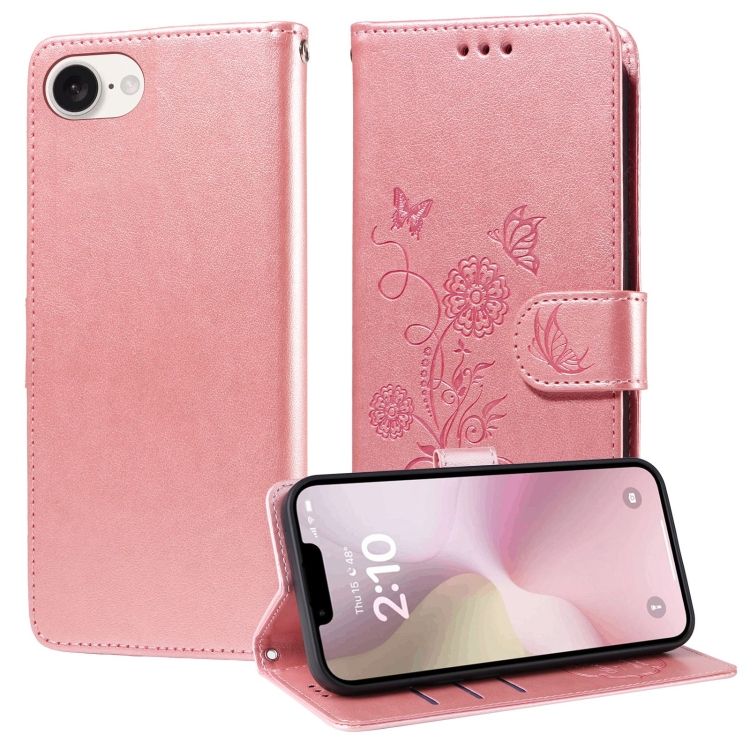

For iPhone SE 2024 Embossed Butterfly Flowers Leather Phone Case(Rose Gold)