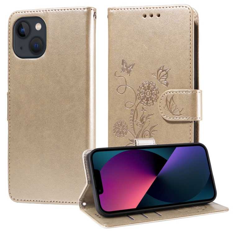 

For iPhone 13 mini Embossed Butterfly Flowers Leather Phone Case(Gold)