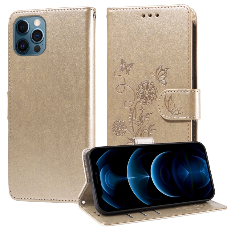 

For iPhone 12 / 12 Pro Embossed Butterfly Flowers Leather Phone Case(Gold)