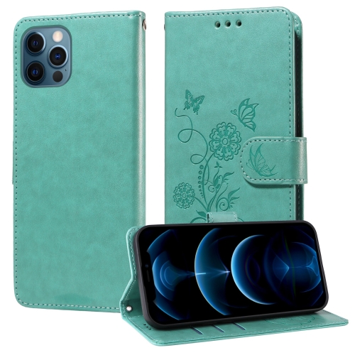 

For iPhone 12 / 12 Pro Embossed Butterfly Flowers Leather Phone Case(Green)