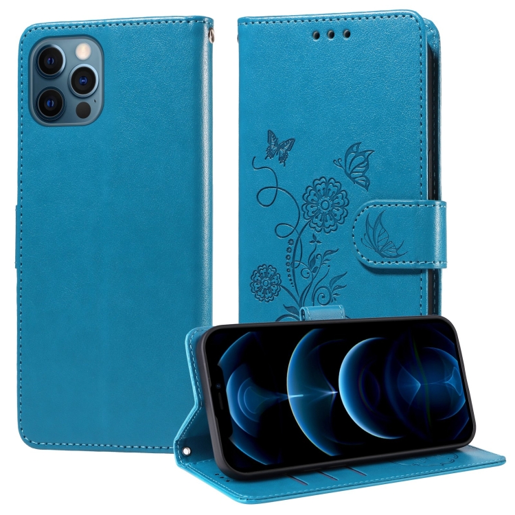 

For iPhone 12 / 12 Pro Embossed Butterfly Flowers Leather Phone Case(Blue)