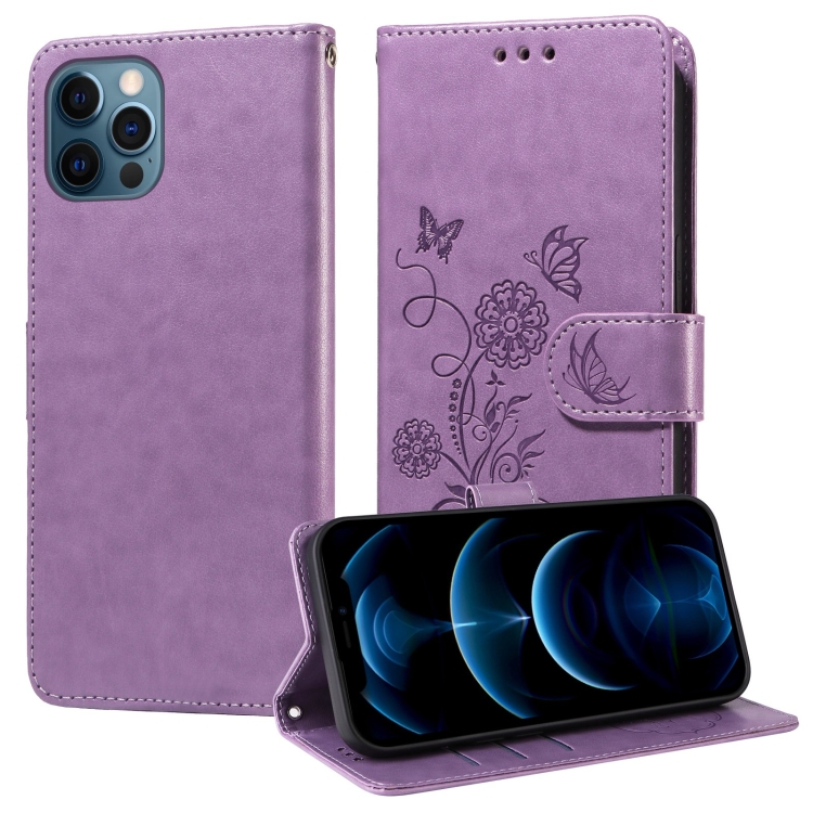 

For iPhone 12 Pro Max Embossed Butterfly Flowers Leather Phone Case(Purple)