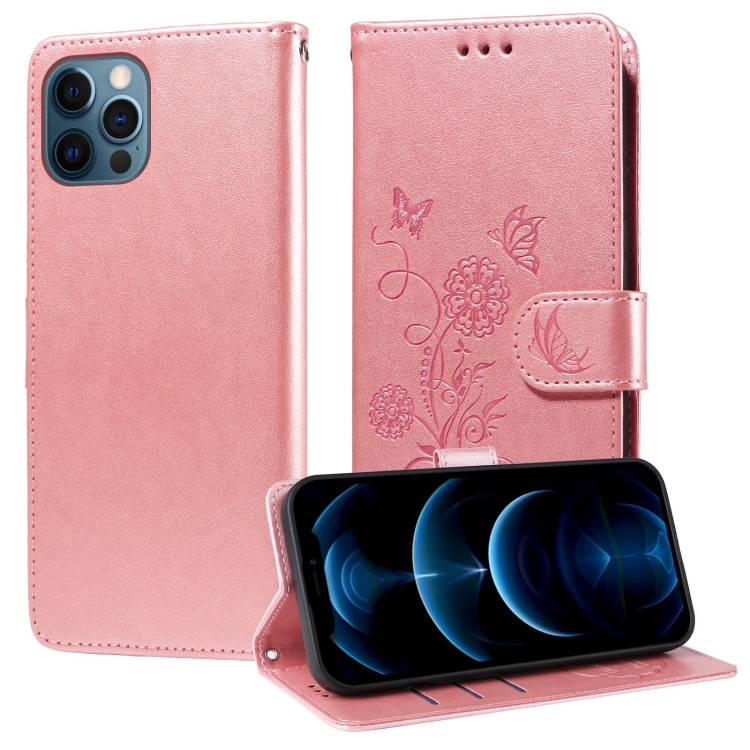 

For iPhone 12 Pro Max Embossed Butterfly Flowers Leather Phone Case(Rose Gold)