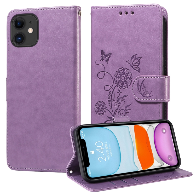 

For iPhone 12 mini Embossed Butterfly Flowers Leather Phone Case(Purple)