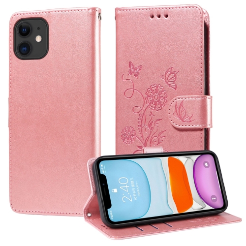 

For iPhone 12 mini Embossed Butterfly Flowers Leather Phone Case(Rose Gold)