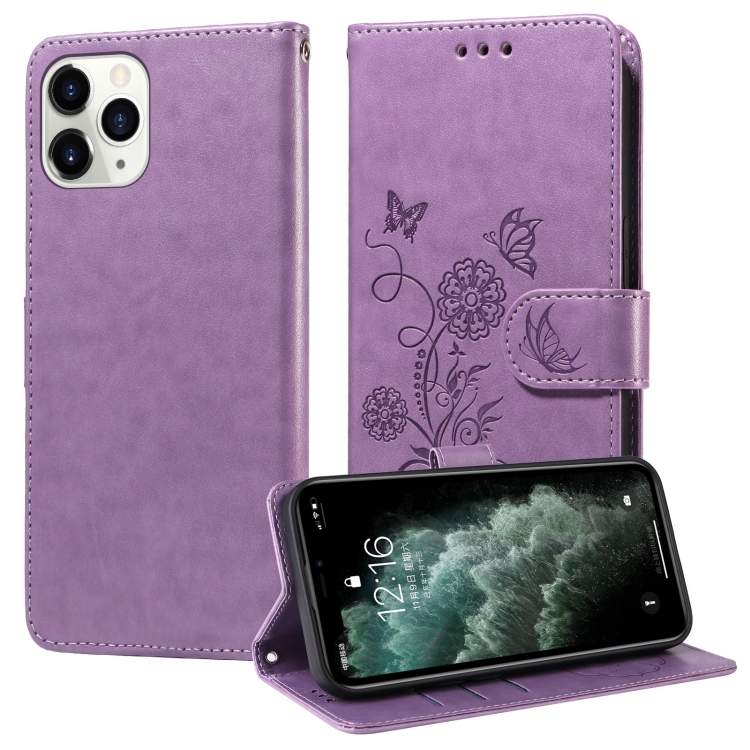 

For iPhone 11 Pro Max Embossed Butterfly Flowers Leather Phone Case(Purple)