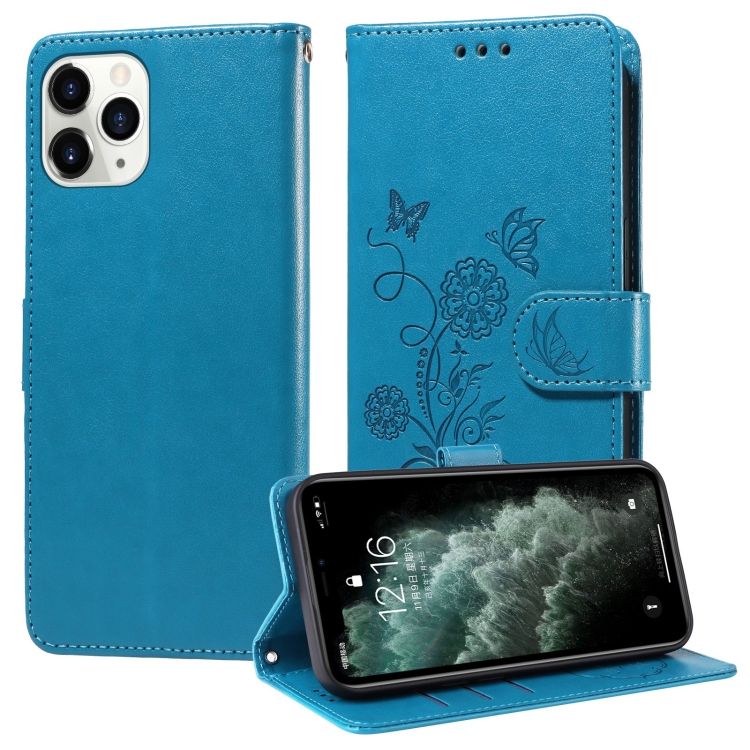 

For iPhone 11 Pro Max Embossed Butterfly Flowers Leather Phone Case(Blue)