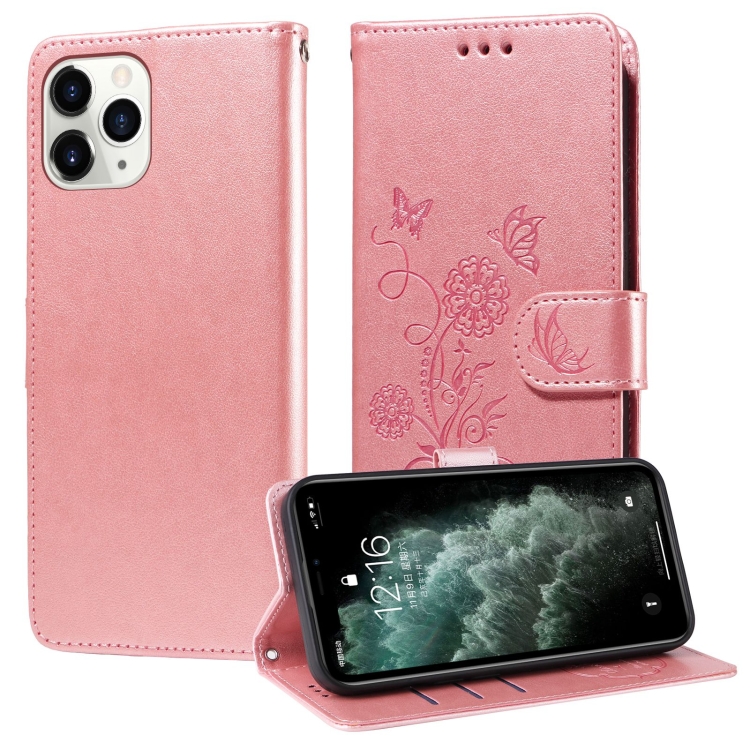 

For iPhone 11 Pro Max Embossed Butterfly Flowers Leather Phone Case(Rose Gold)