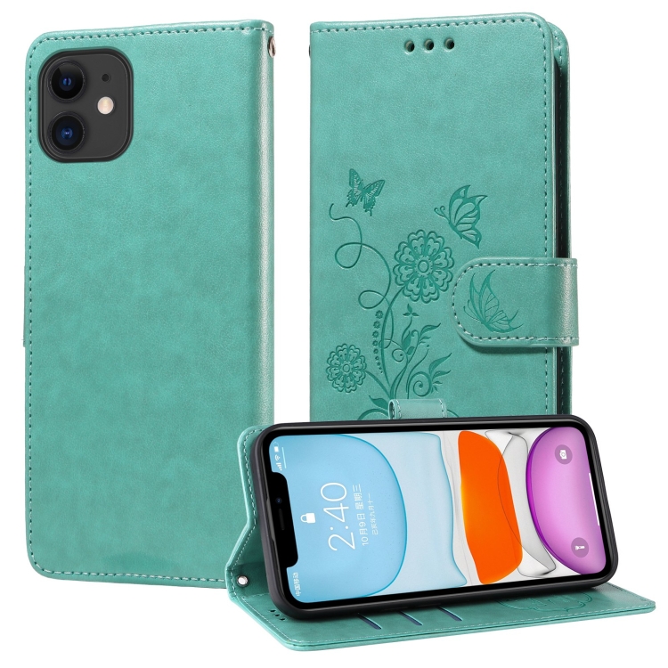 

For iPhone 11 Embossed Butterfly Flowers Leather Phone Case(Green)